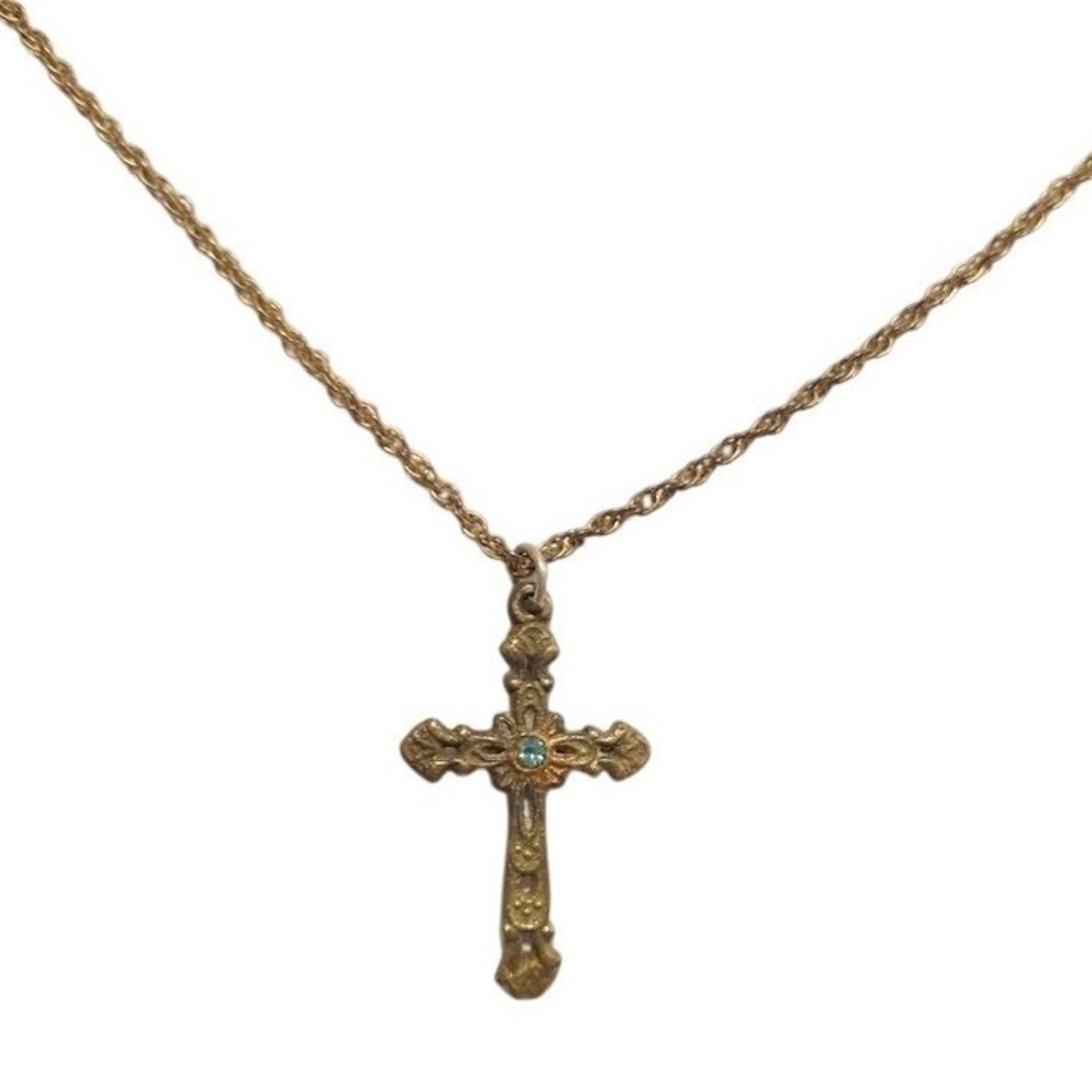 12K GP Vintage Gold Filled Filigree Cross Pendant Necklace Blue Stone Rope Chain